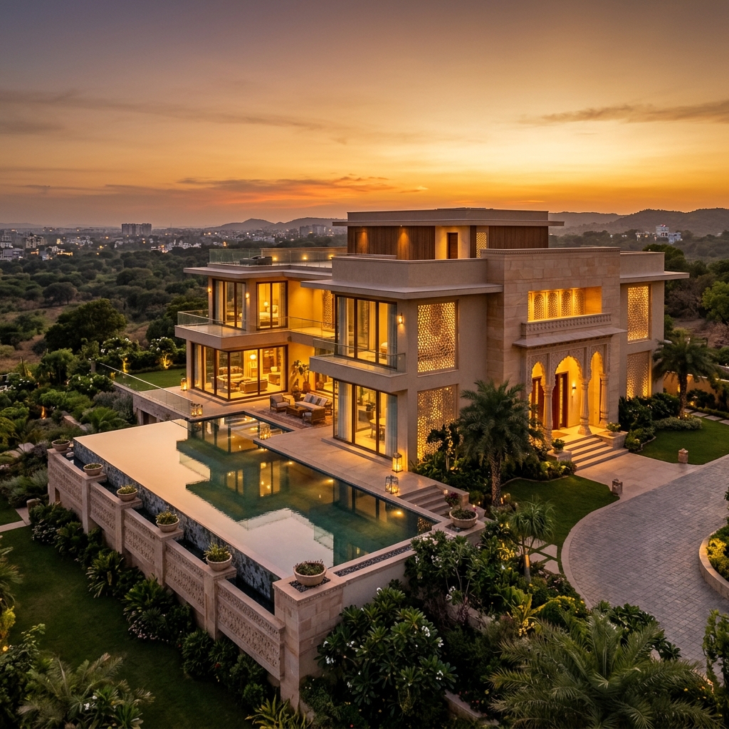 Luxury Saanskara Casa property at sunset